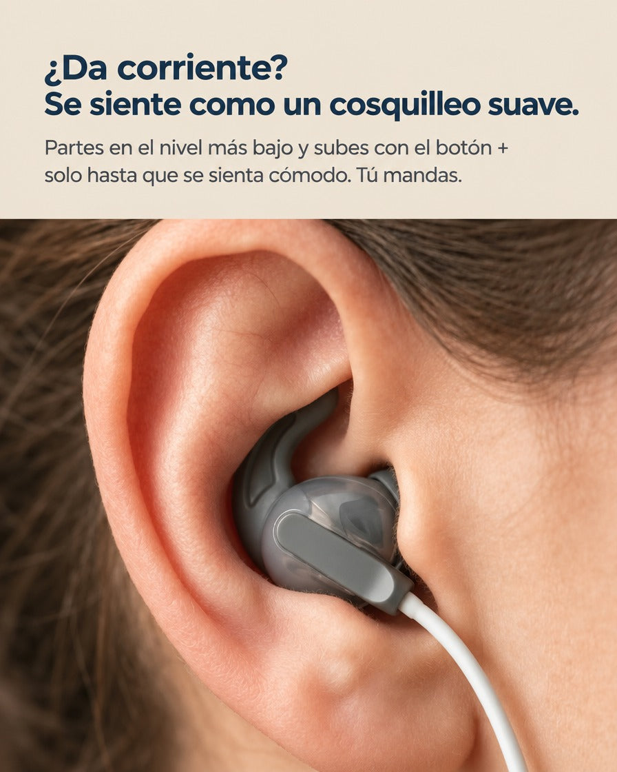 Audífono de Ohm puesto en la oreja: se siente como un cosquilleo suave